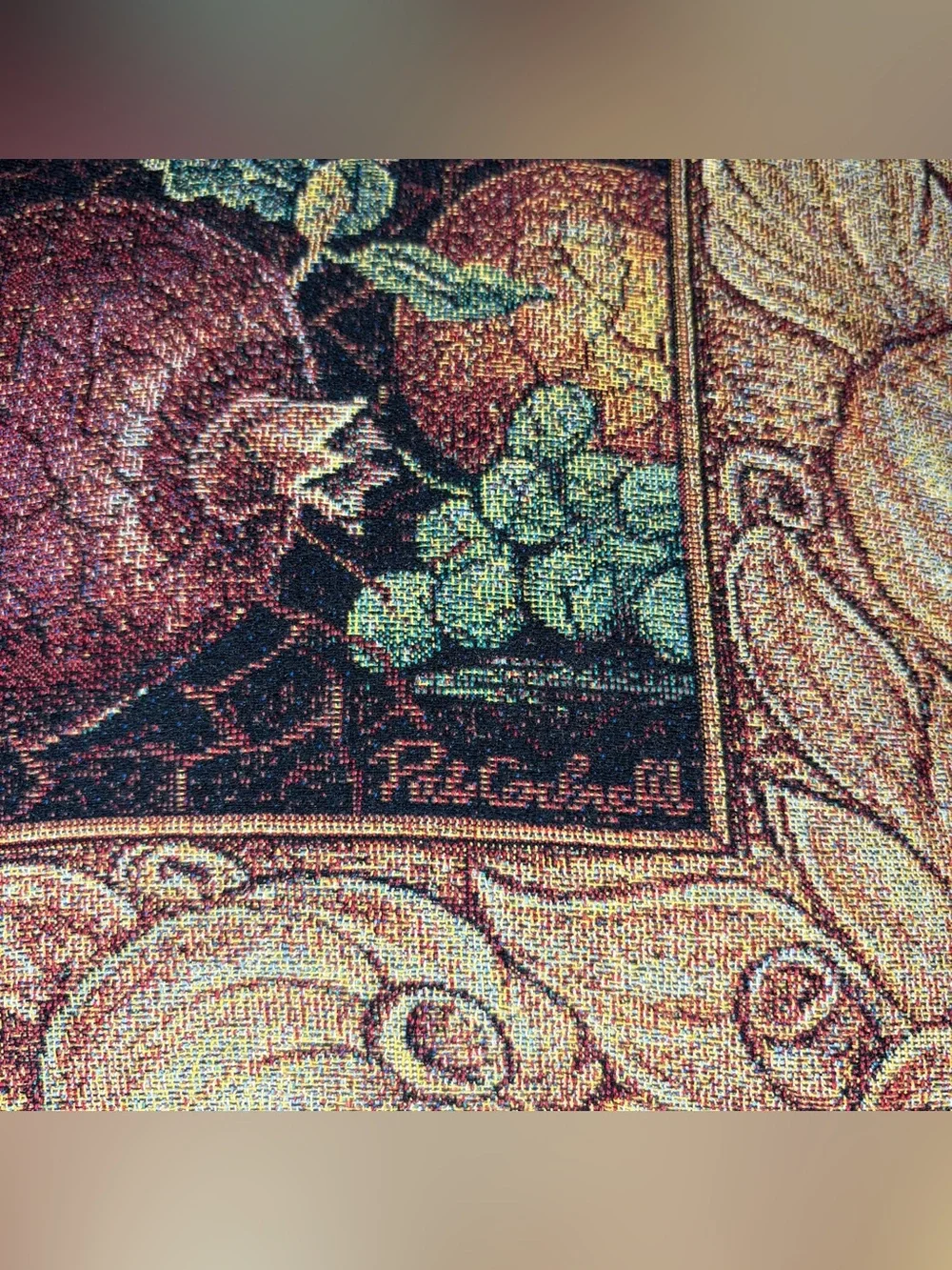 Vtg Riddle Home Tapestry Fruit Throw Pillow Fringes Woven Pat Campbell Weavetec